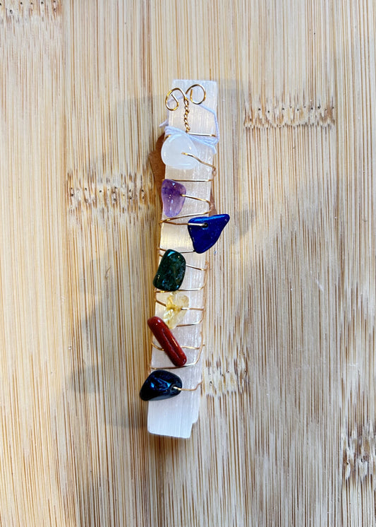 Natural 7 Chakra Stones and Selenite set representing the seven chakras - Star Light Crystals NZ